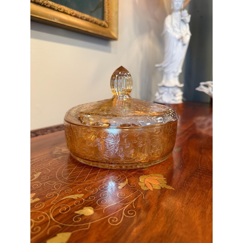 Vintage Jeannette Floragold‎ Louisa Covered Dish, Marigold Carnival Glass Bowl